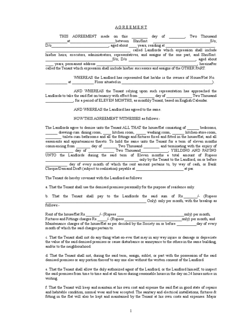 Rent or Lease Agreement Proforma | PDF | Leasehold Estate | Landlord