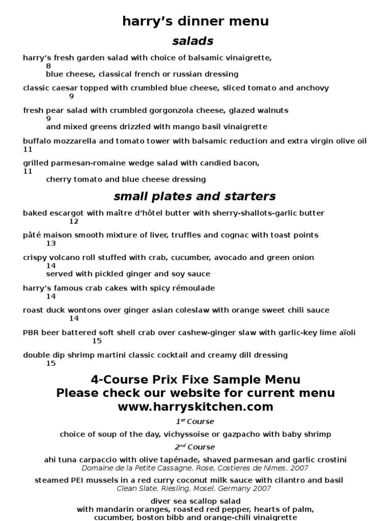 Harry's Continental Kitchens Dinner Menu PDF Salad Food And Drink Preparation