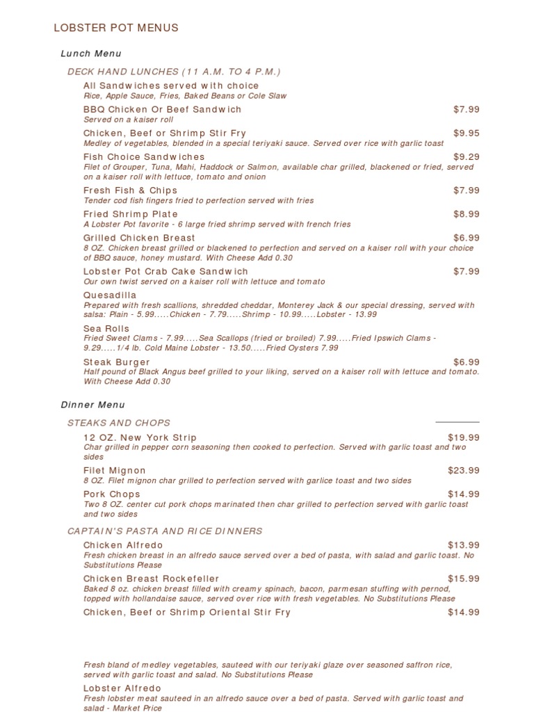 Lobster Pot Menus Deck Hand Lunches (11 A.M. To 4 P.M.) PDF Salad