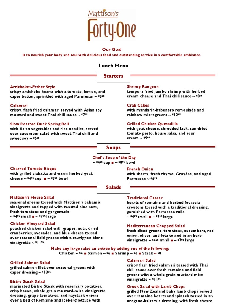 Mattison's Forty One Lunch Menu Salad European Cuisine