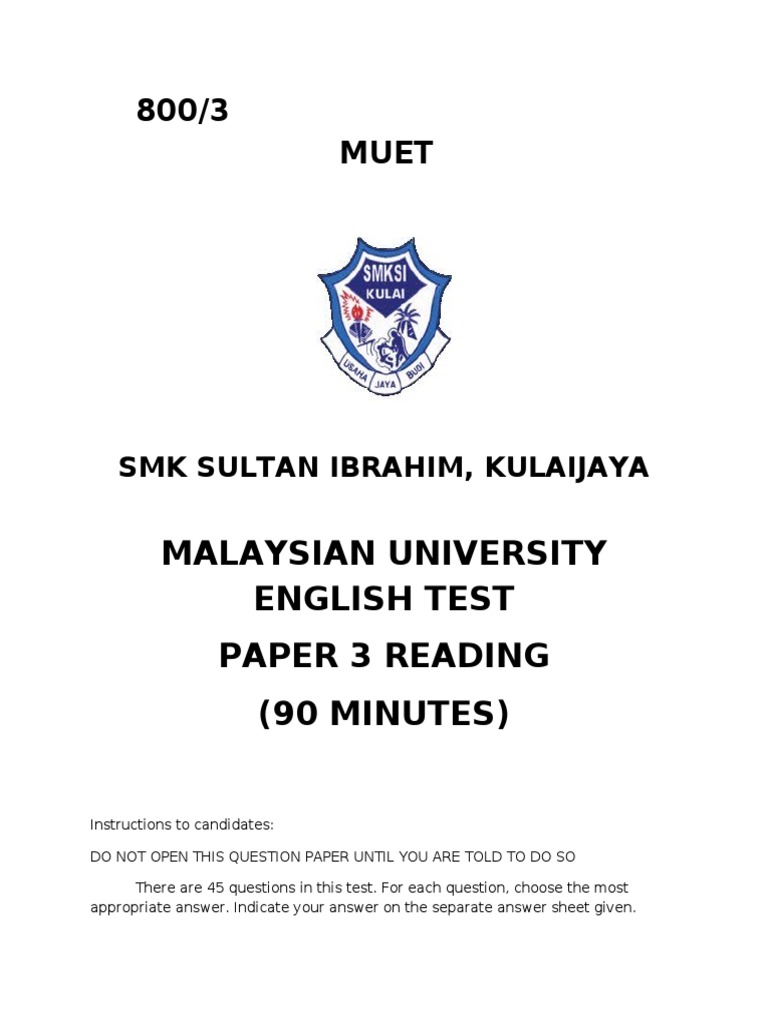MUET Exam Paper Front Page Design | PDF