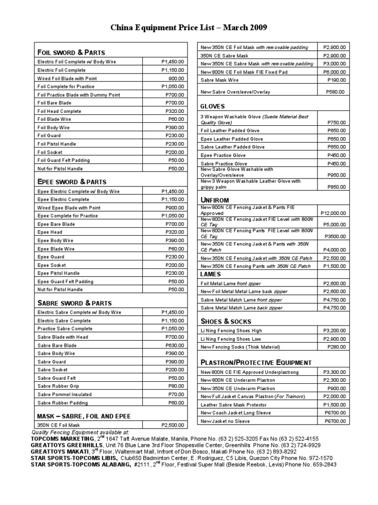 JIang Fencing Pricelist 2 PDF Fencing Melee Weapons