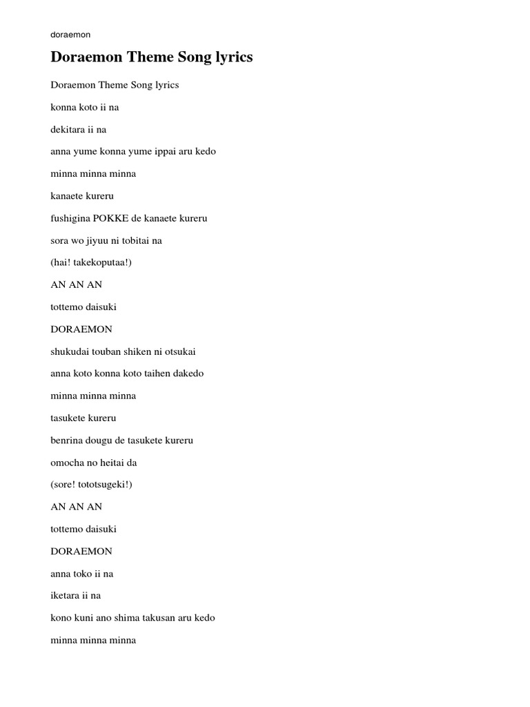 Doraemon Theme Song Lyrics | PDF