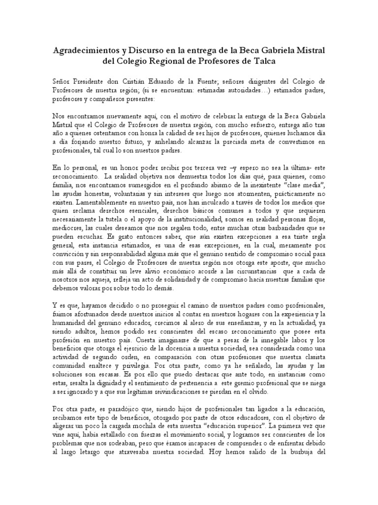 Discurso de Agradecimiento por entrega de Beca Gabriela 