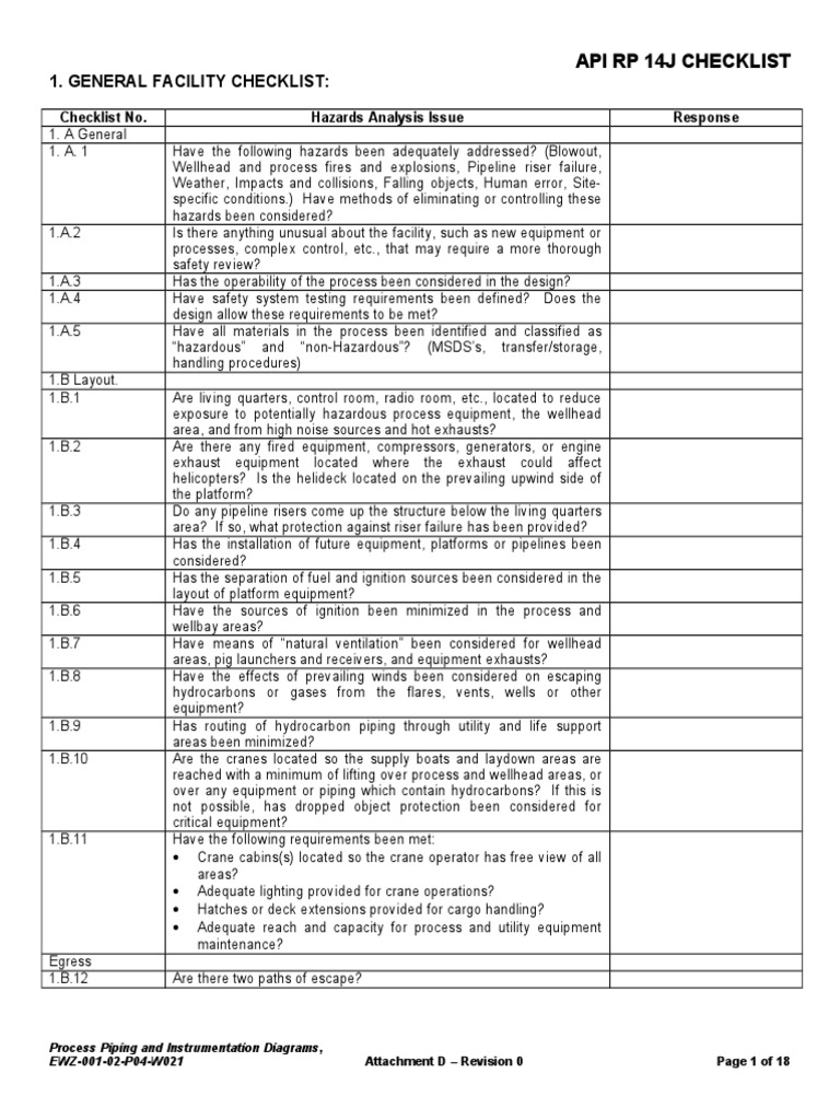 API RP 14J Safety Checklist | PDF | Pump | Valve