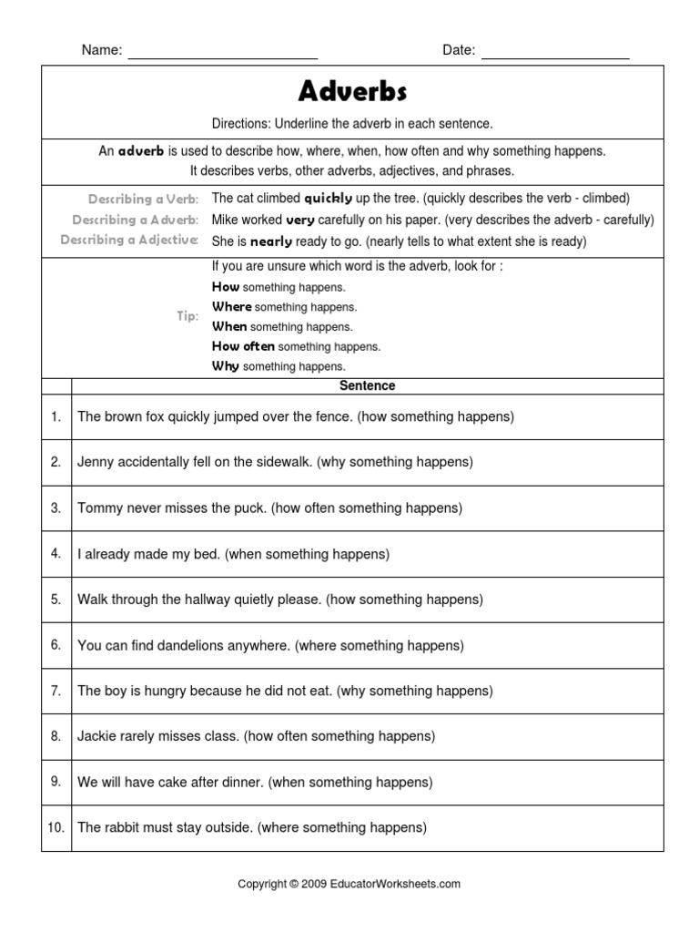 Adverbs - Underline the Adverb in Each Sentence | Adverb | Verb
