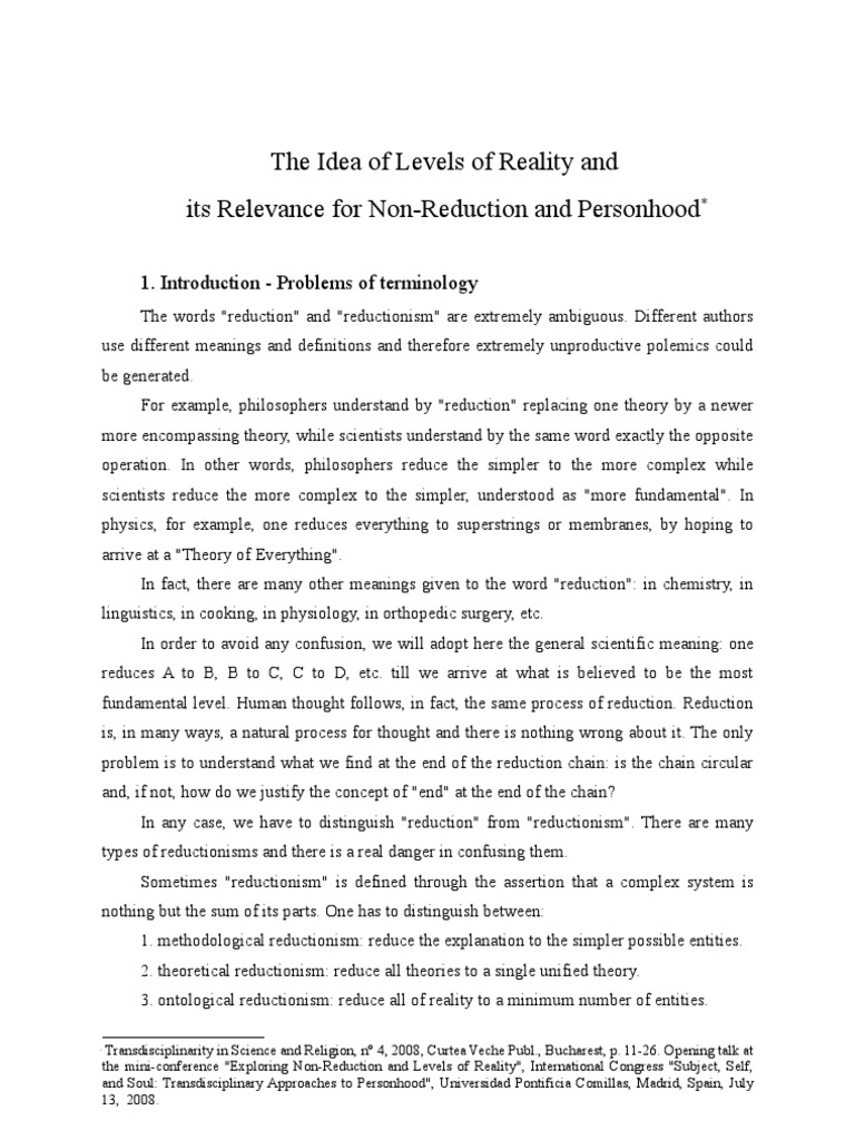 Levels of Reality and Non-Reductionism | PDF | Reductionism | Reality