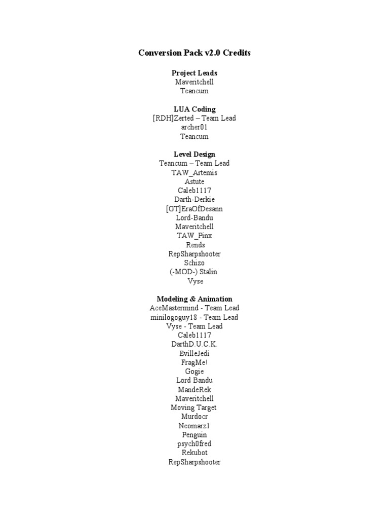 Conversion Pack v2.0 Credits: Project Leads | PDF