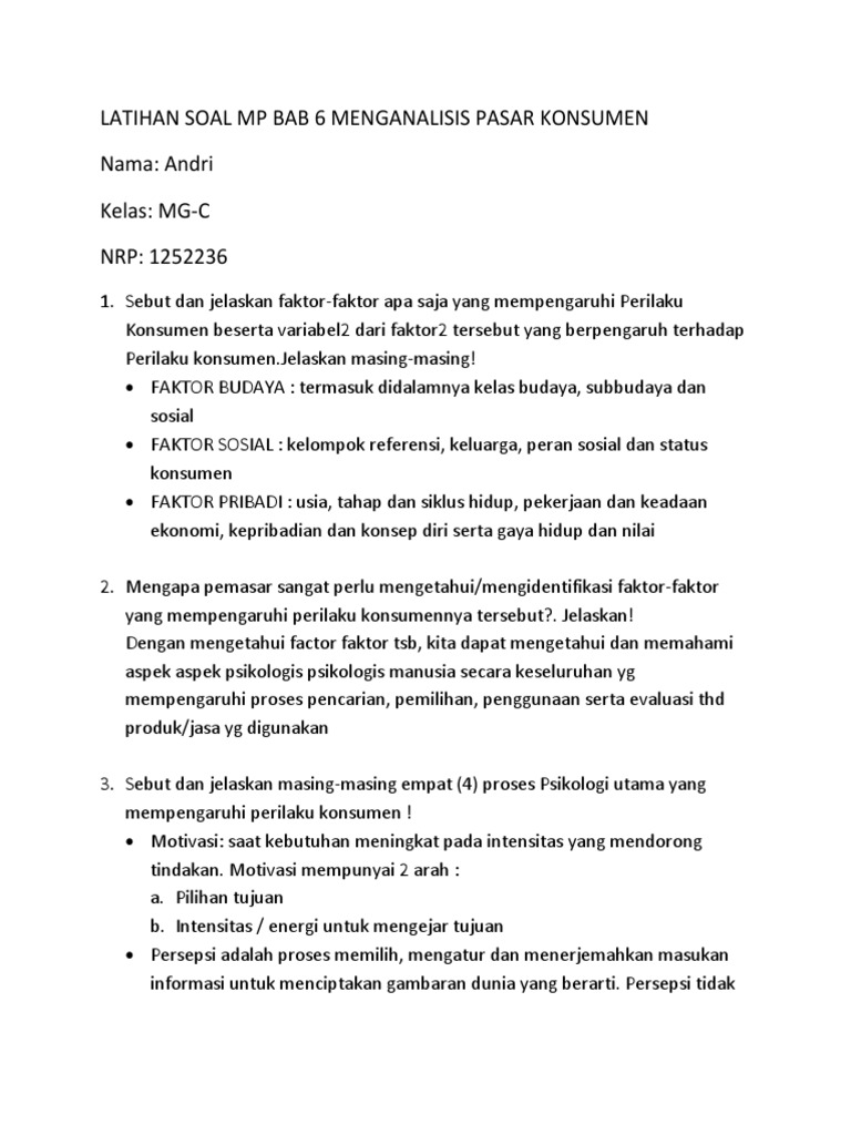 Soal Mp Bab 6 Menganalisis Pasar Konsumen