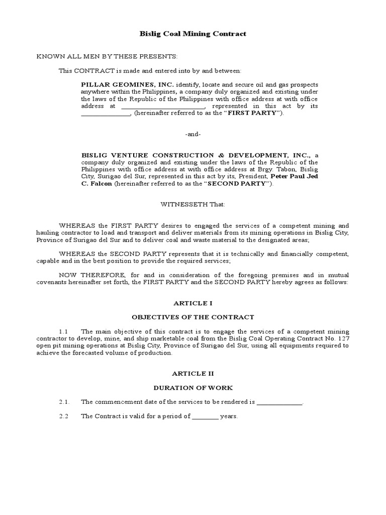 Bislig Coal Mining, Contract (Bislig) | PDF | Arbitration | Business Law