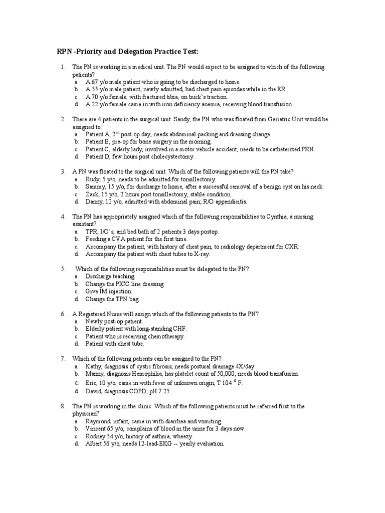 Rpn Priority And Delegation Test Intravenous Therapy Surgery