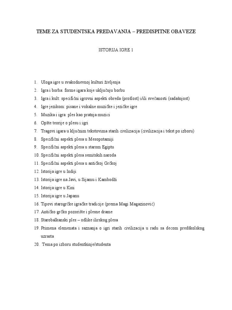 Teme Za Studentska Predavanja - Istorija Igre 1 | PDF