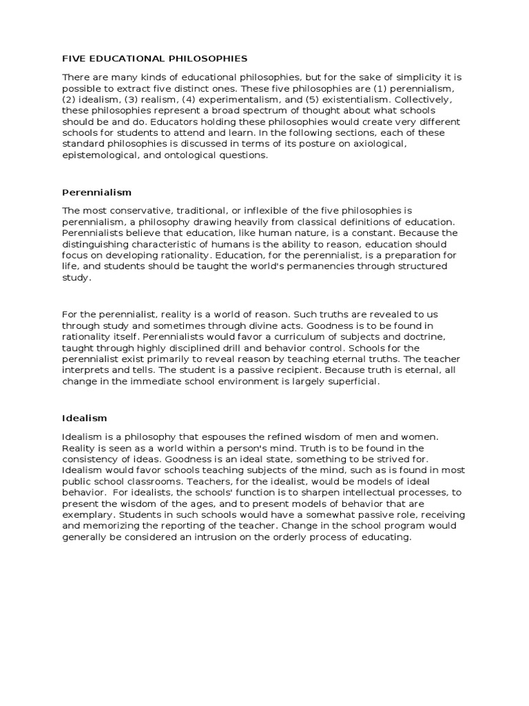Five Educational Philosophies | PDF | Philosophy Of Education | Idealism