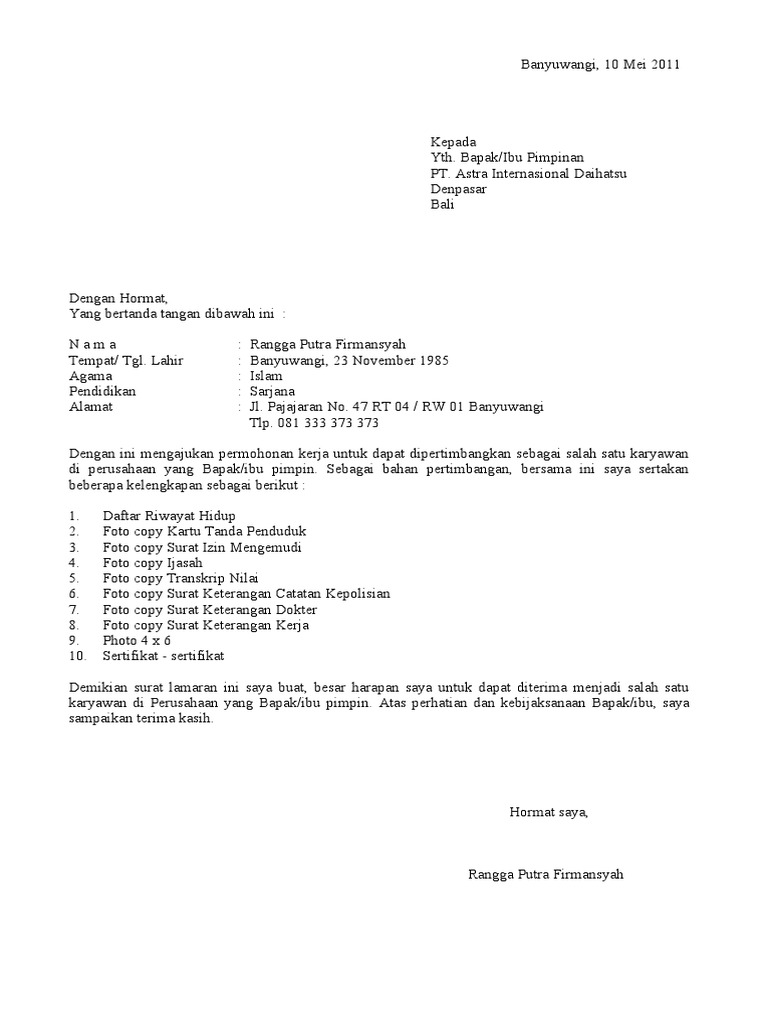 Contoh Surat Lamaran Kerja