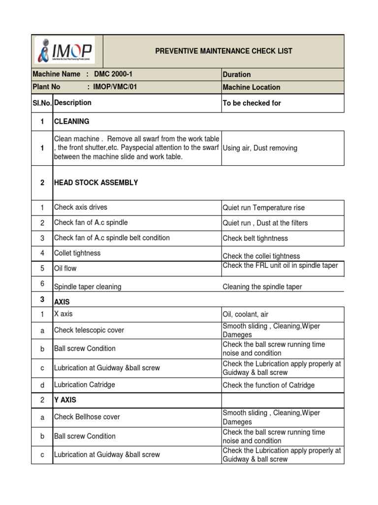 vmc preventive master check list | Switch | Oil