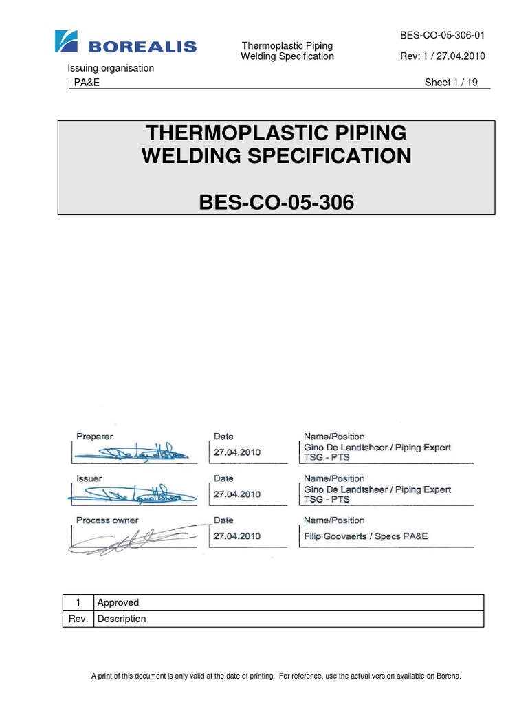 BESCO05306 Thermoplastic Piping Welding Specification Pipe (Fluid