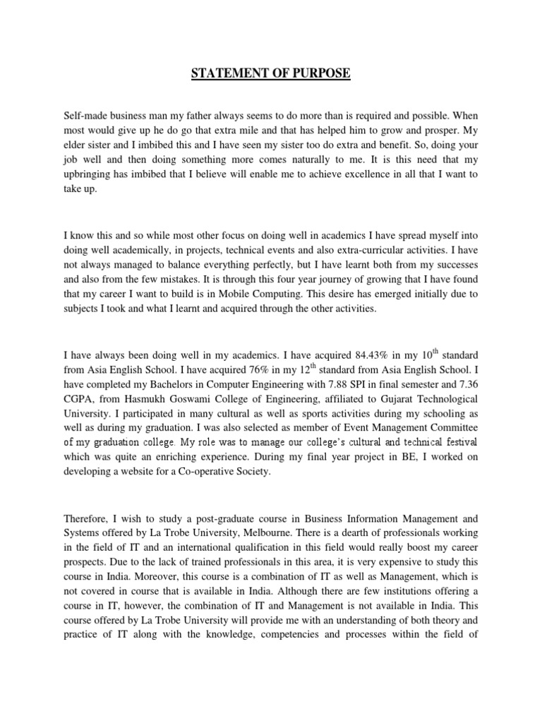 Statement of Purpose Postgraduate Education Australia