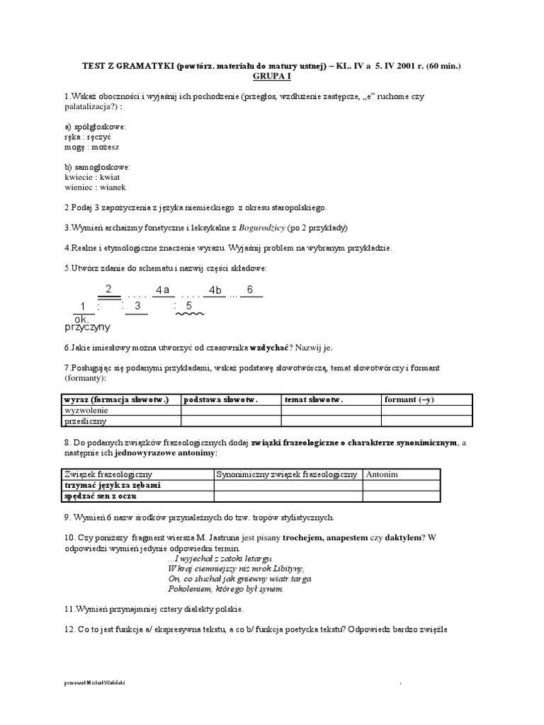 Test z gramatyki (Przedmaturalny). Liceum, szkoły średnie