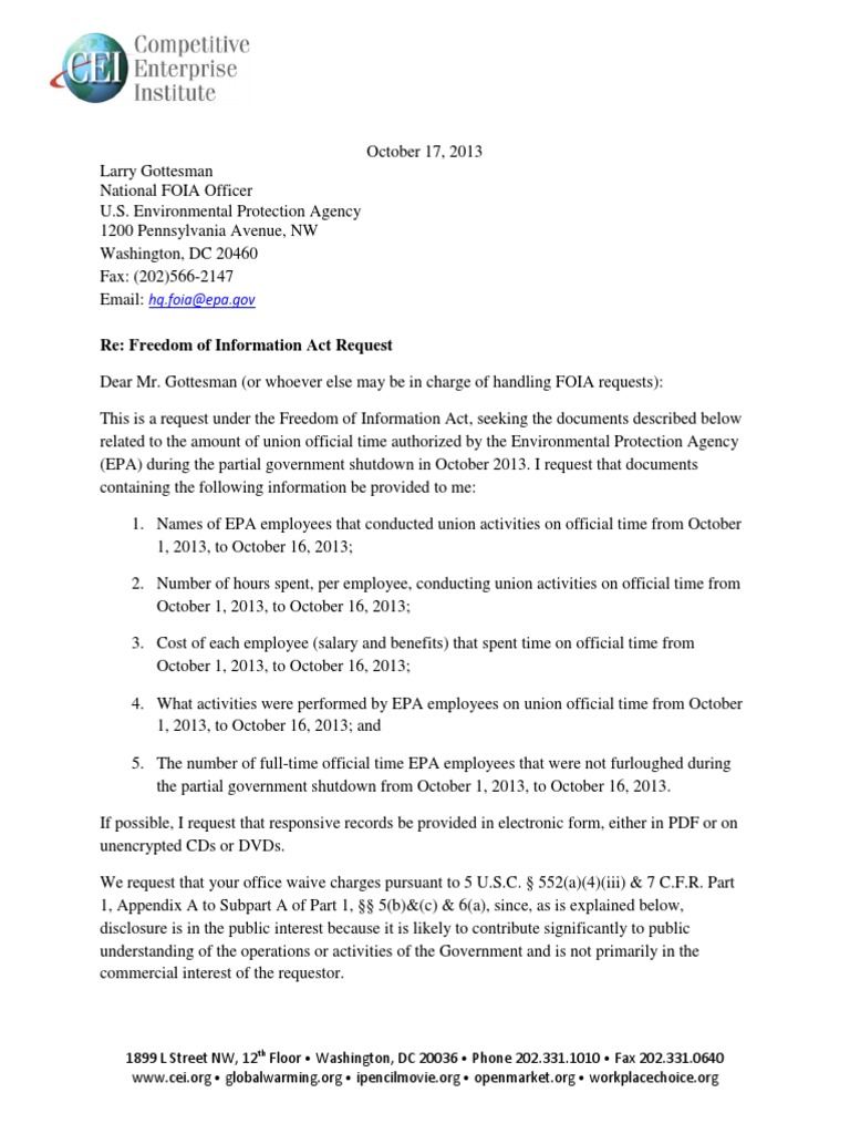 FOIA Request on EPA Union Official Time | PDF | Freedom Of Information ...