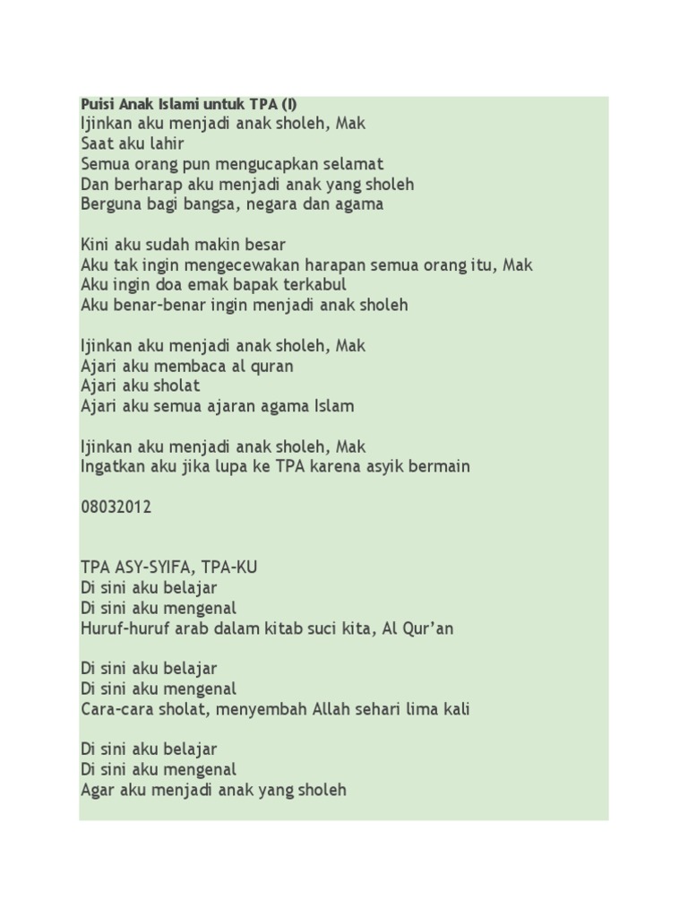 Puisi Anak Islami Untuk Tpa