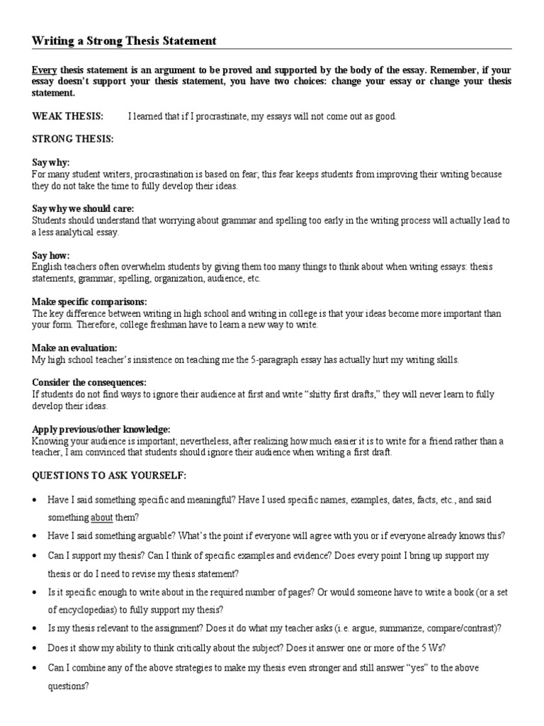 Writing A Strong Thesis Statement Pdf Essays Thesis