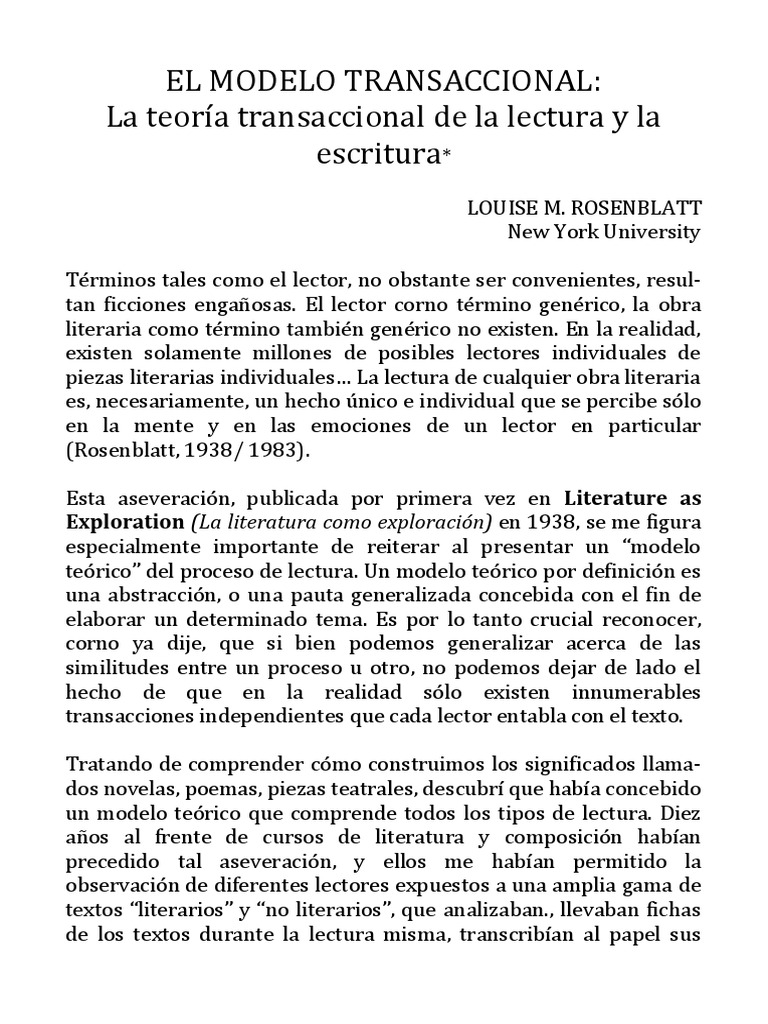 LOUISE M ROSENBLATT El Modelo Transaccional La Teoria Transaccional de La  Lectura y La Escritura | PDF | Lectura (proceso) | Teoría