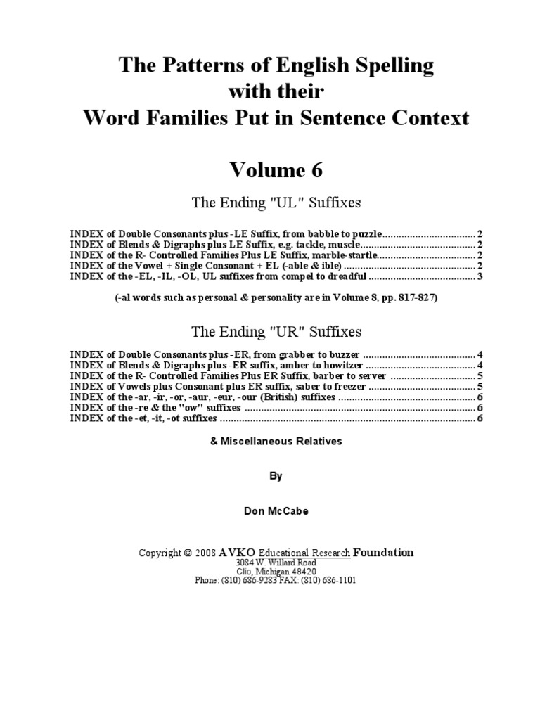 Index For The Patterns of English Spelling Volume 6 | PDF 