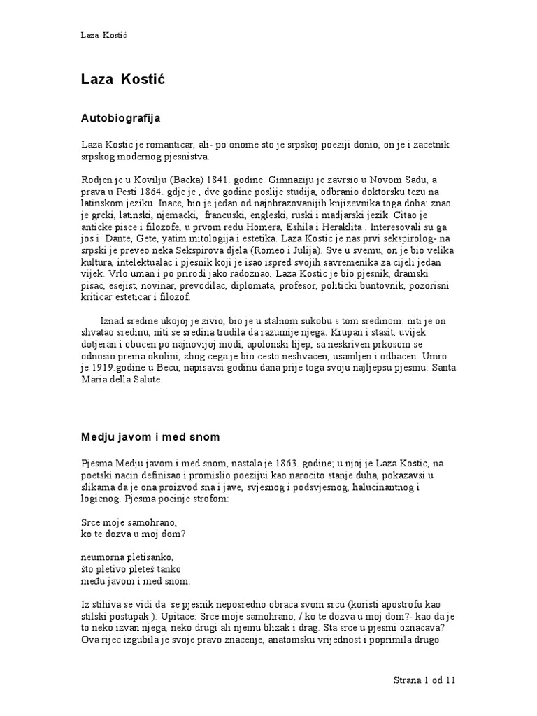 Laza Kostic Biografija | PDF