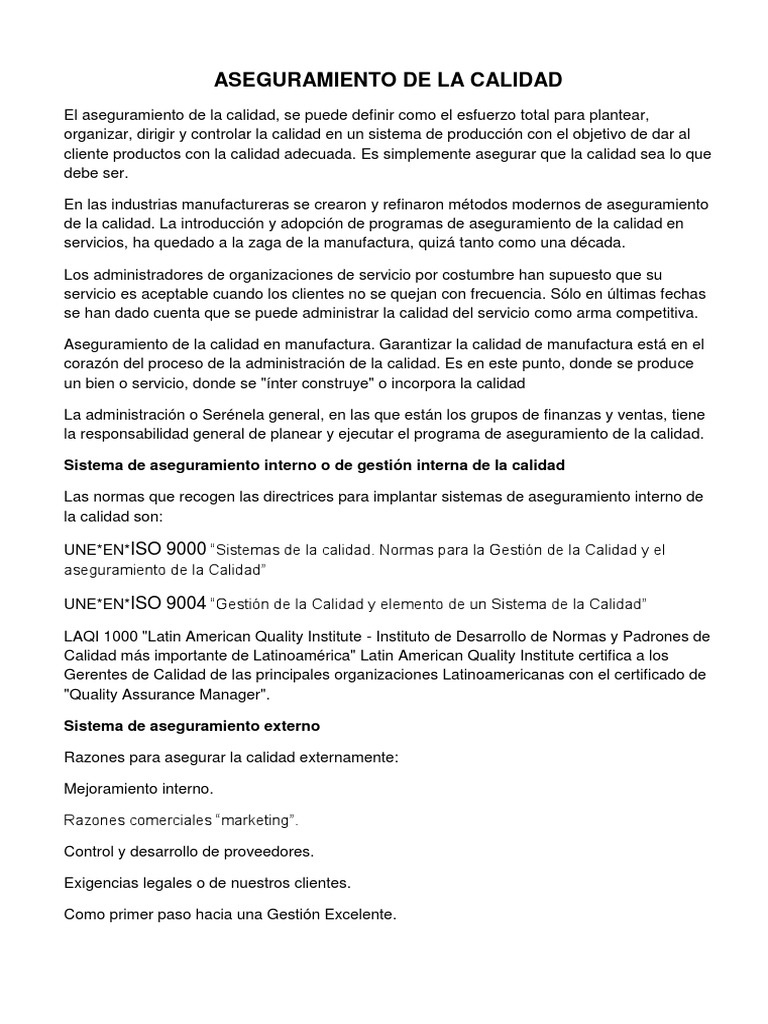 Aseguramiento de la Calidad en Servicios y Manufactura | PDF | Gestión ...