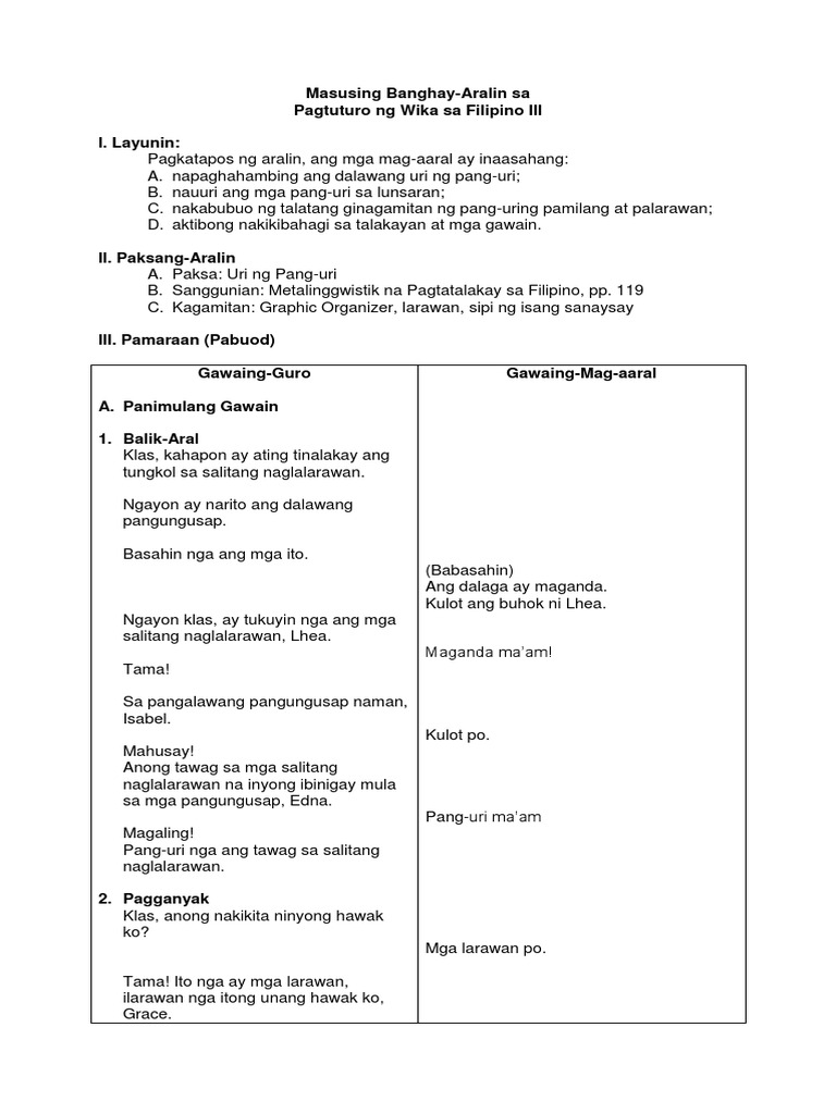 Lesson Plan In Filipino Grade 1 Pang Uri Pang Uri Worksheets For Images 