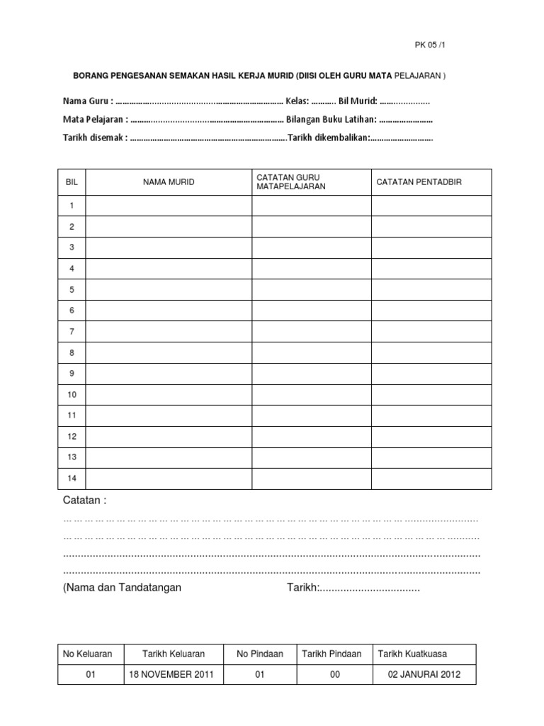 Borang Semak Buku Latihan Murid