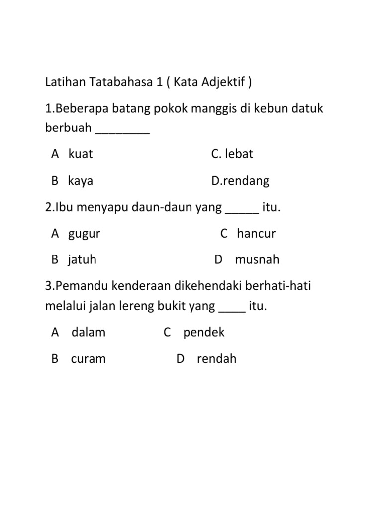 Kata: latihan kata adjektif jarak tahun 3