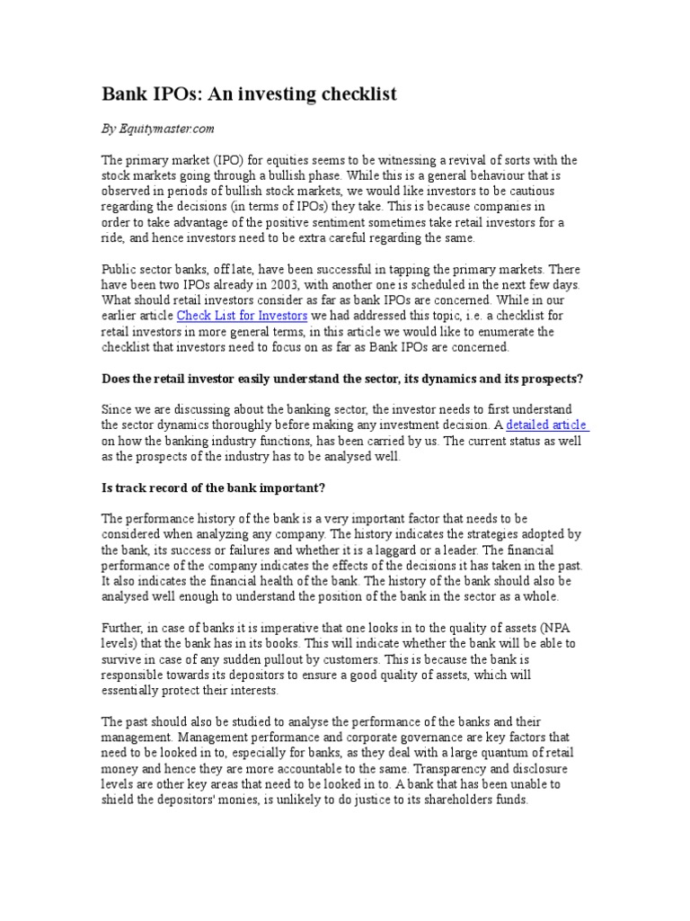 Bank Ipos: An Investing Checklist: Check List For Investors | PDF ...