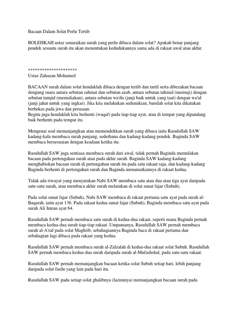 Bacaan Dalam Solat Perlu Tertib