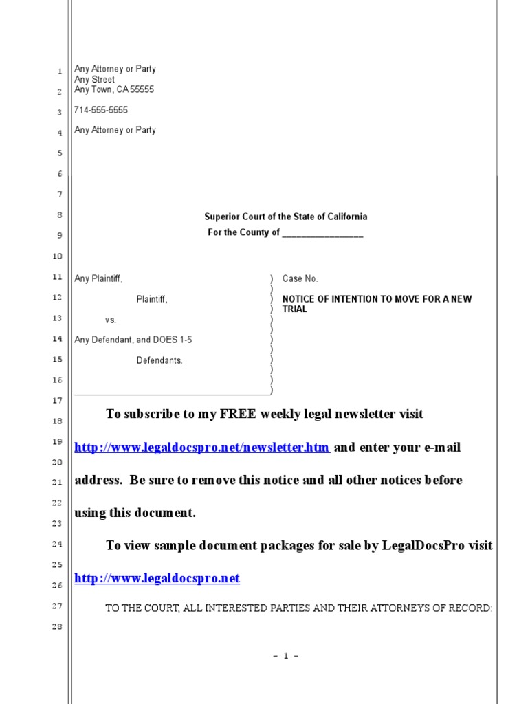 Sample California Motion for New Trial Verdict Lawsuit