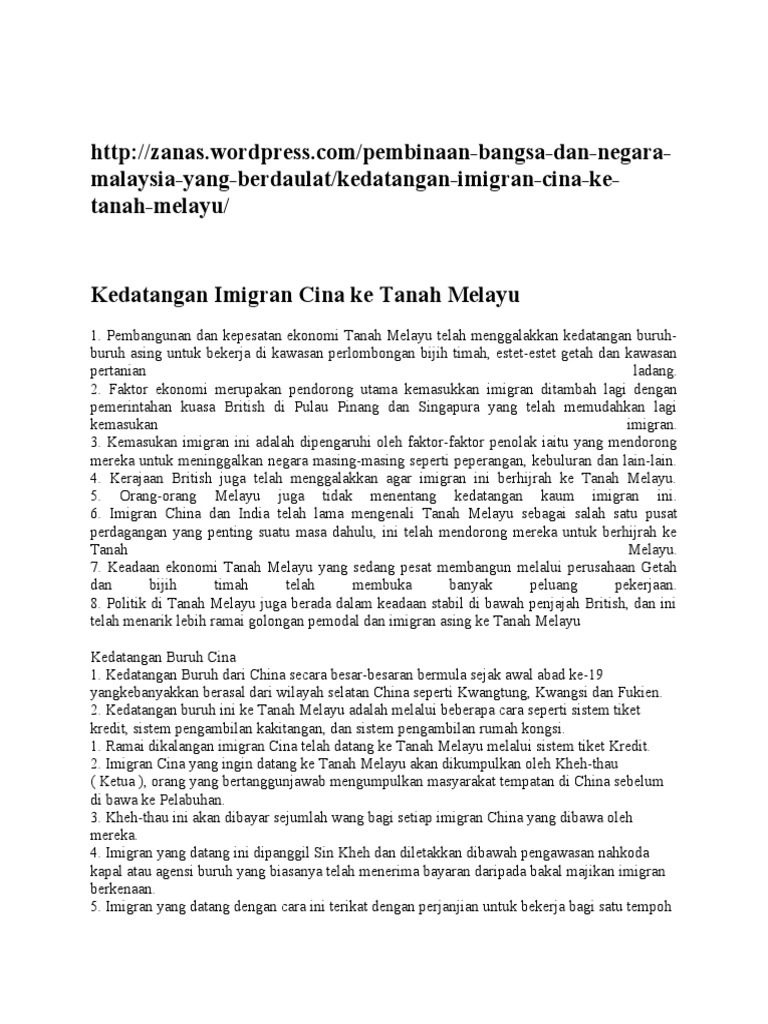 Imigran Cina dan Sejarah Tanah Melayu | PDF