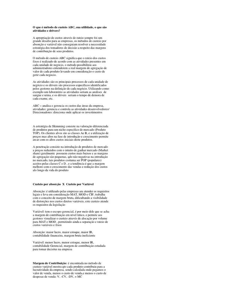 O Que É Método de Custeio ABC PDF Margem bruta Despesa