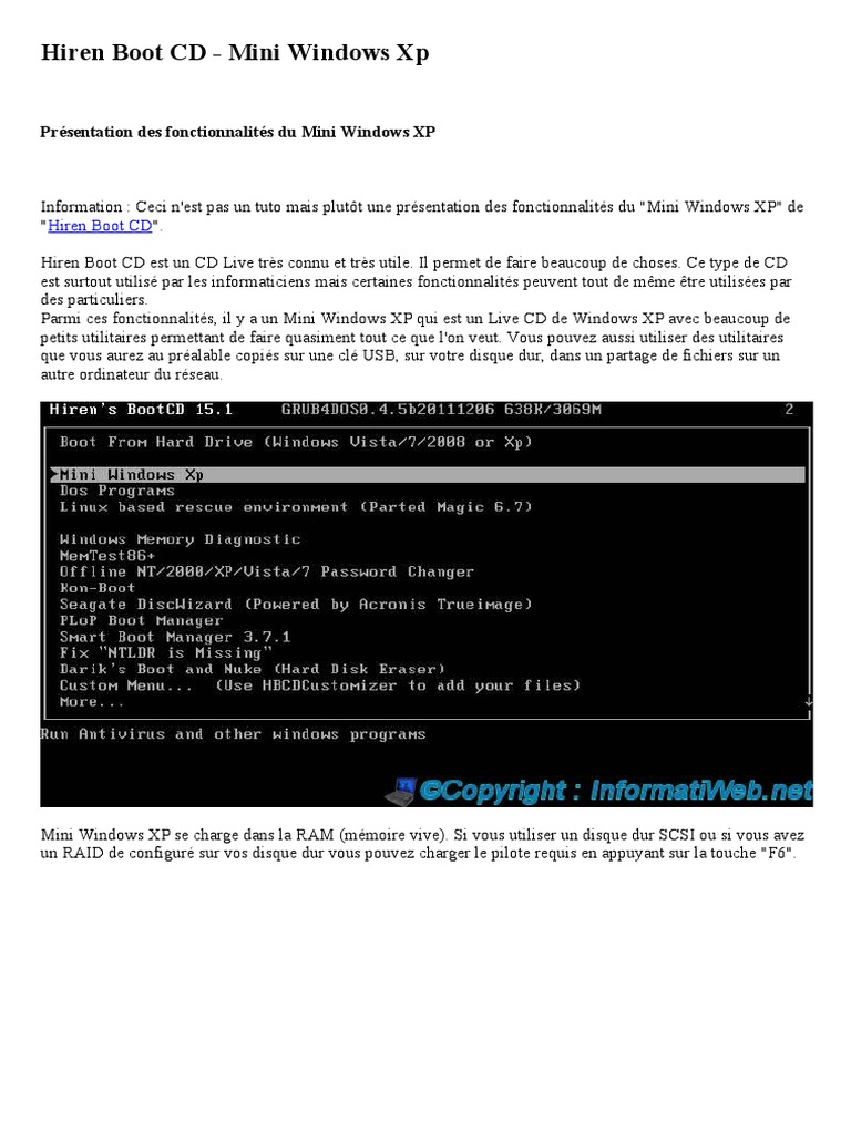 Présentation Mini XP Hiren's Boot CD | PDF | Windows XP | Microsoft Windows