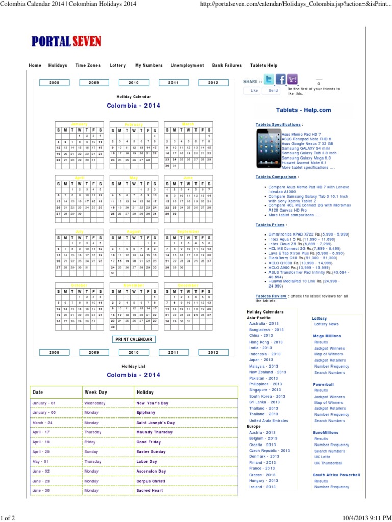 Colombia Calendar 2014 Colombian Holidays 2014 Mobile Computers 
