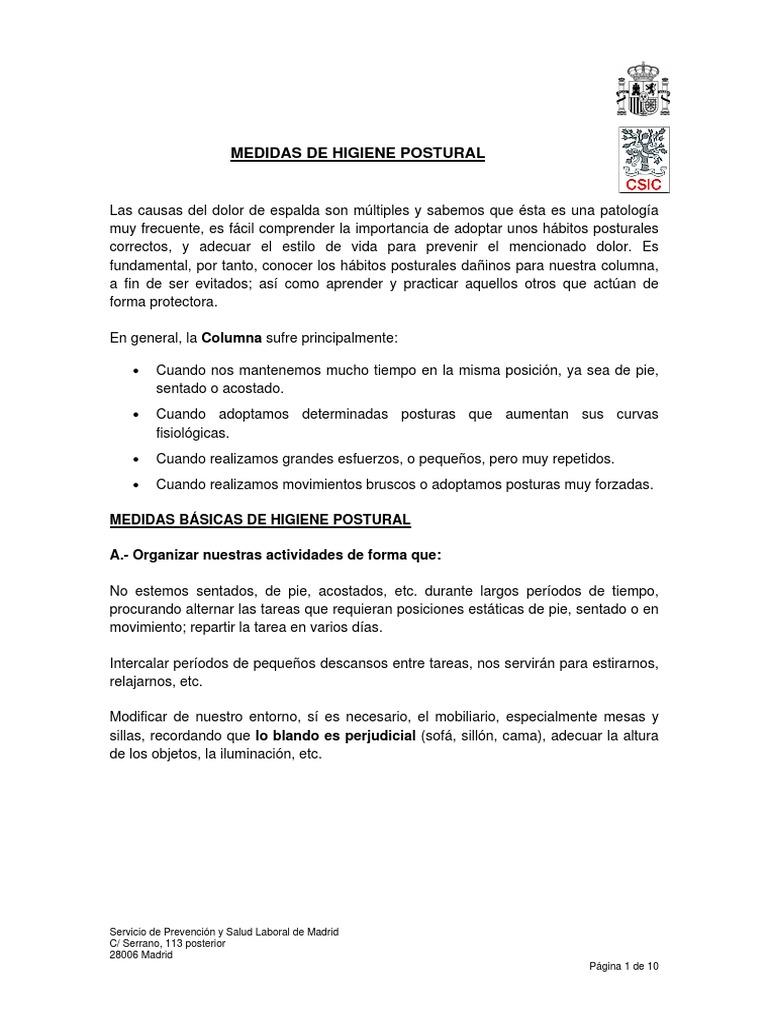 Medidas de Higiene Postural Laboral | PDF | Dolor lumbar | Seguridad y ...