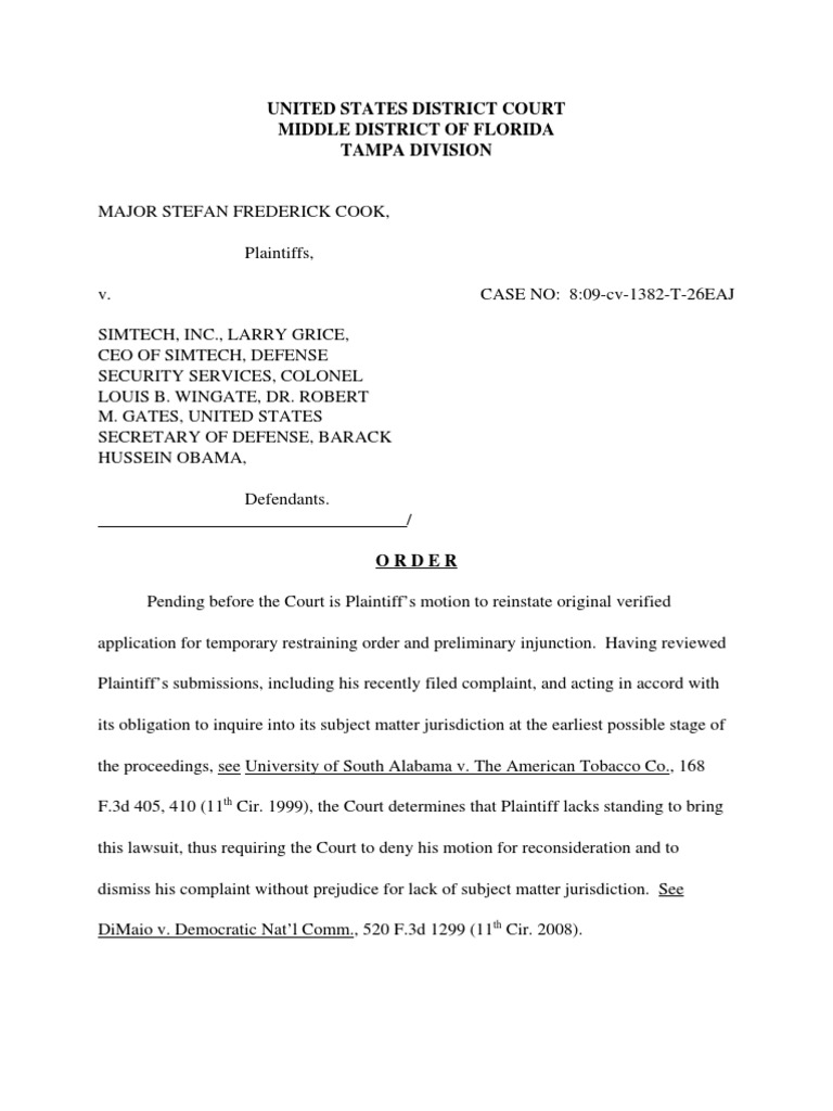 COOK V SIMTECH - Order Dismissing Cook V Simtech | PDF