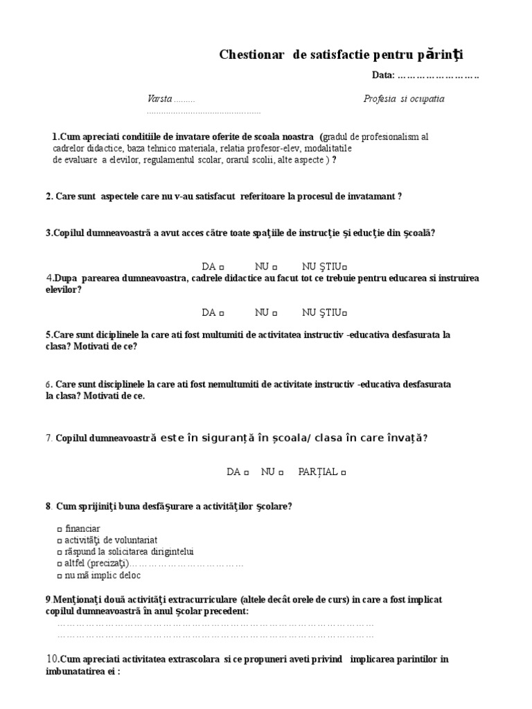 Chestionar Satisfactie Parinti