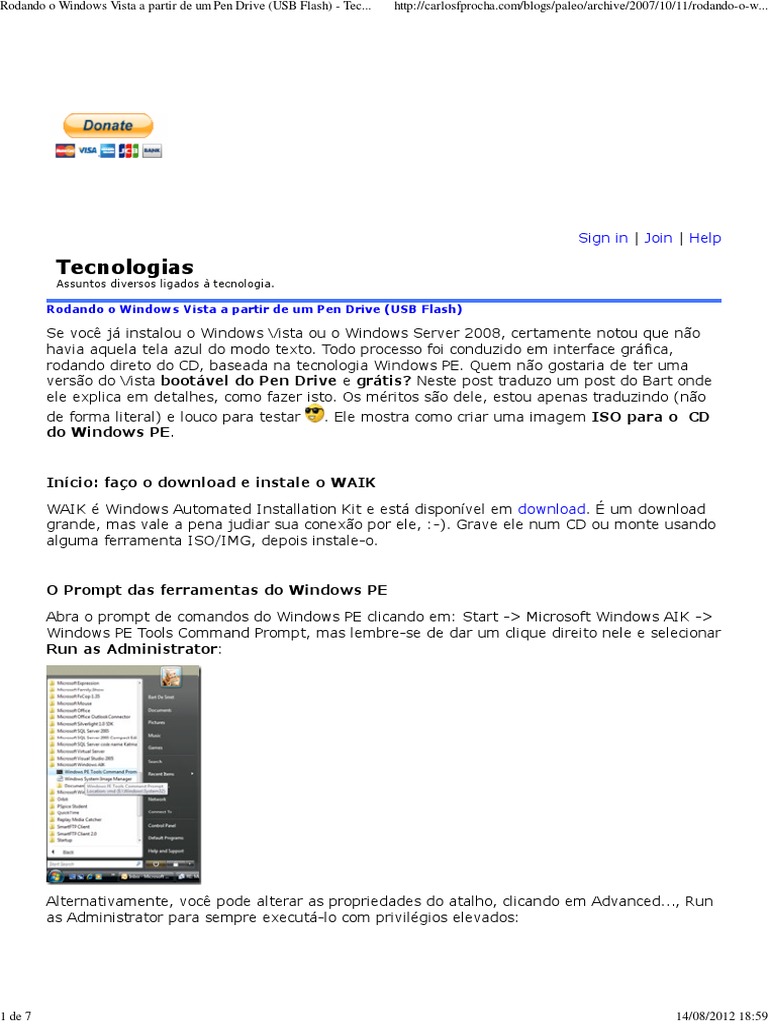 Rodando O Windows Vista A Partir De Um Pen Drive (USB Flash.