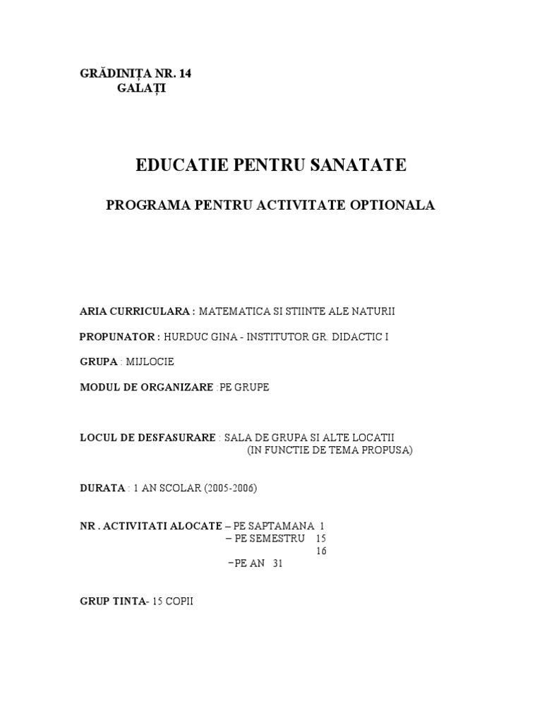 Optional Educatie Pt Sanatate Grupa Mica