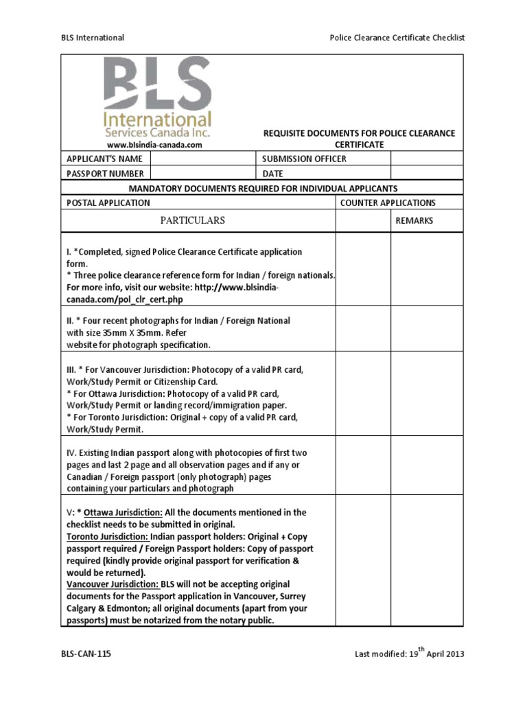 Bls Can 115 Police Clearance Certificate Checklist Passport Notary Public