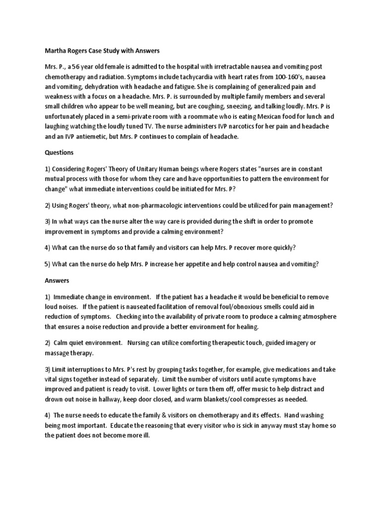 Martha Rogers Case Study With Answers  PDF  Nausea  Vomiting