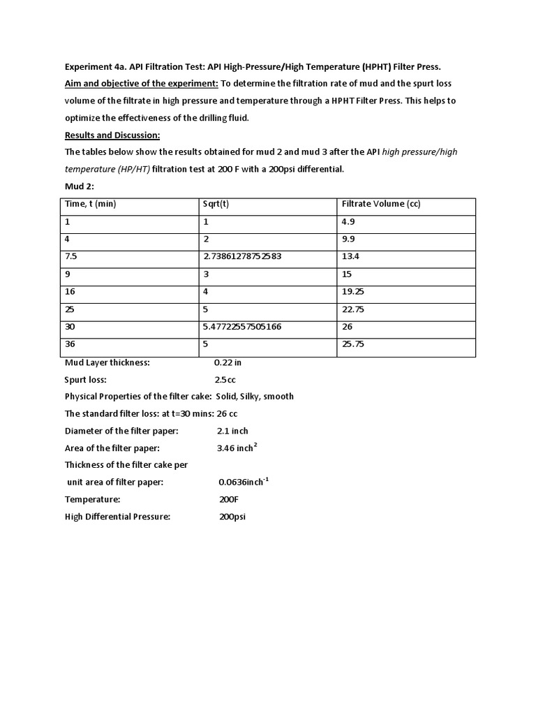 HPHT Filtration and Fluid Loss Analysis | PDF | Ph | Filtration