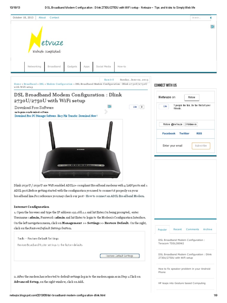 DSL Broadband Modem Configuration _ Dlink 2730U_2750U With WiFi Setup