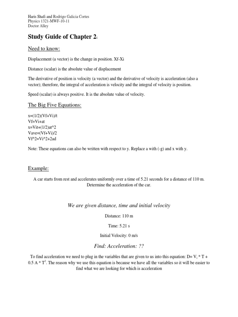 Physics 1321 Chapter 2 Study Guide | PDF