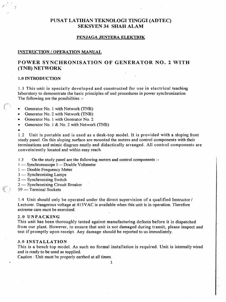 Generator Power Synchronization Manual | PDF | Switch | Power Supply